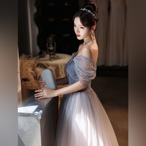 Elegant Neutral Pearl Prom Dress | Timeless Off Shoulder Evening Gown- worn once - Picture 4 of 5